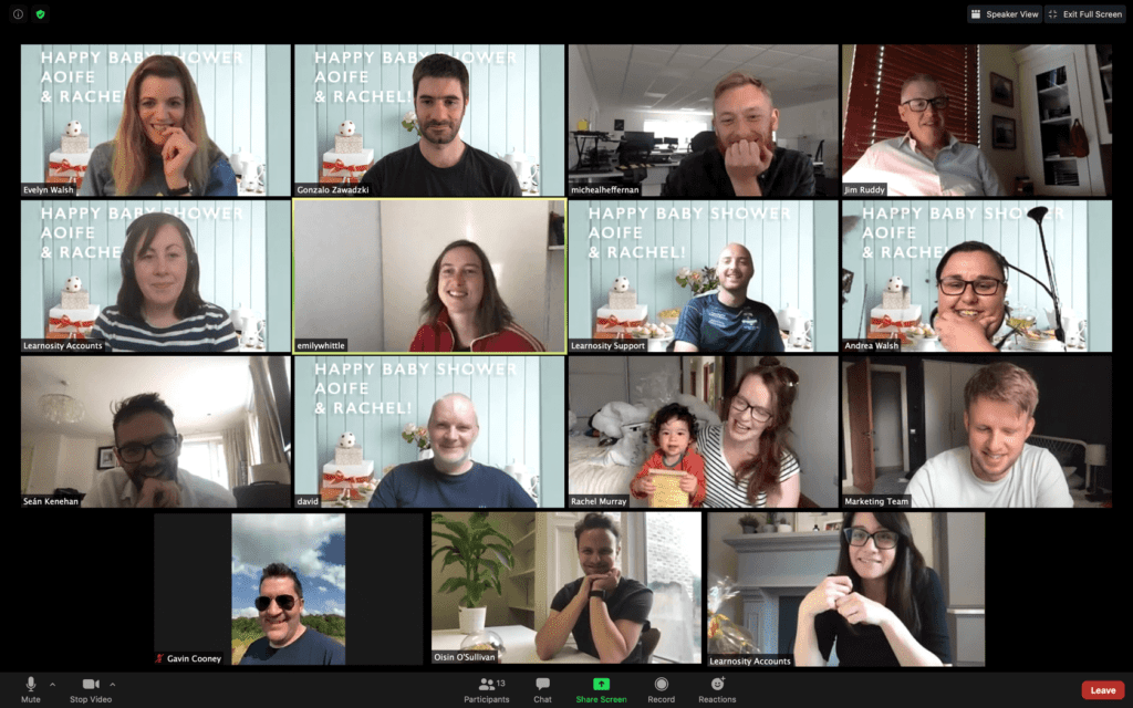 Screenshot of Learnosity Dublin on a baby shower Zoom call