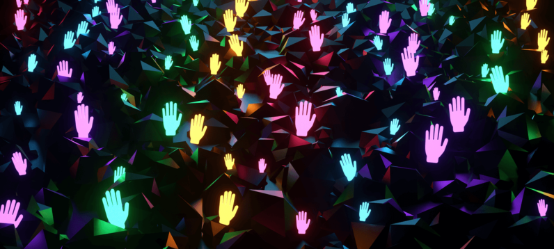 Illustration of illuminated hands of different colours