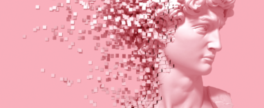 Disintegrating Head Of David On Pink Background. 3D Illustration.