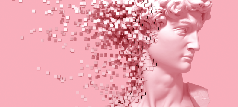 Disintegrating Head Of David On Pink Background. 3D Illustration.