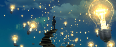 Illustration of a student walking along a floating path of stones surrounded by lights