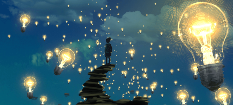 Illustration of a student walking along a floating path of stones surrounded by lights