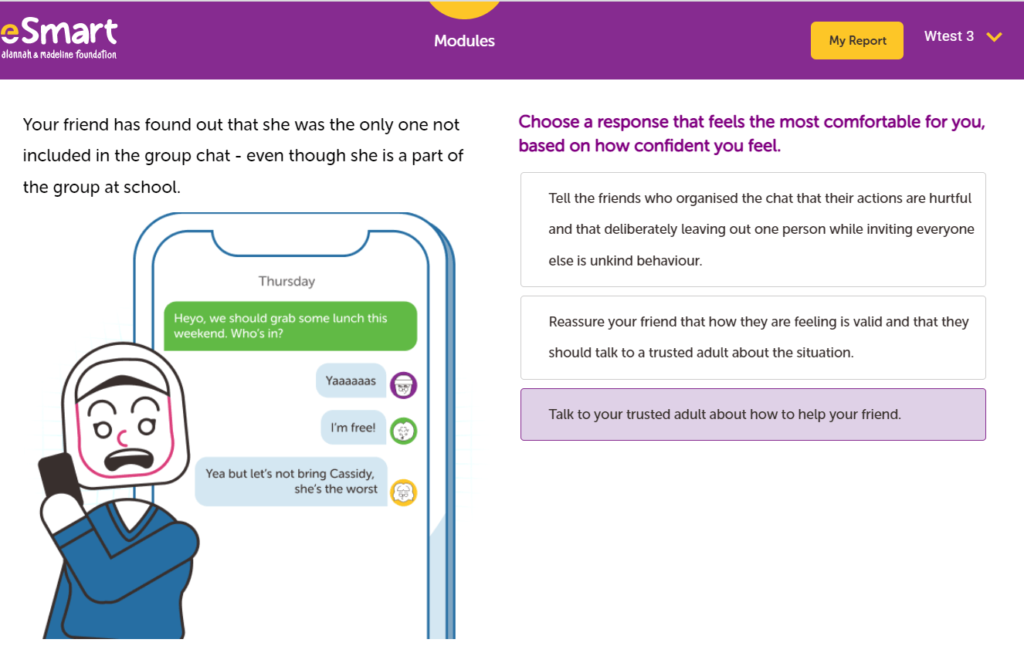 eSmart Digital Licence+ question exploring how best to respond to being excluded from a group chat