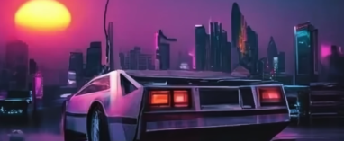AI-generated image of a DeLorean car travelling through a futuristic cityscape